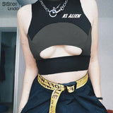 Sisterlinda Sexy Hollow Out Fitness Tank Top Bra Tees Fall Sleeveless Patchwork Turtleneck Cropped Top Letter Print