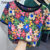 New Korean Fashion Summer Fashion Casual Circle Collar Printing Personality Retro Trend Short Sleeve T Shirt Women