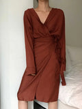 Women Beige Bandage Big Size Midi Shirt Dress New V-Neck Long Sleeve Loose Fit Fashion Tide Spring Autumn 2023