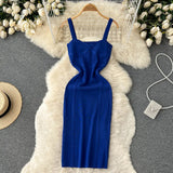 Women Summer Knitted Dress Squre Neck Sleeveless Backless Sheath Sundress Streetwear Ladies Sexy Party Long
