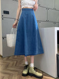 VAREY LIN New Spring Summer High Waist Denim Skirts Women Fashion Patchwork A-line Jeans Skirts Lady Casual Slim Blue