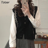 Vest Women Retro Design Panelled Single Breasted Knitted Vests Loose All-match Preppy Style V-neck Sleeveless