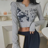Vintage Letter Print Long Sleeve Crop Top Women Sexy Slim Autumn T Shirt Korean Style Chic Grunge Aesthetic