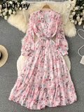 Fashion Summer Maxi Dress Women's Printed Sundress Casual Long Sleeve Vestidos Female High Waist Robe