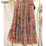 2023 Bohemian Style Retro Print Skirts Women Elastic Waist Big Hem Chic Chiffon Pleated Skirts Long Casual Beach