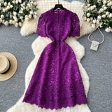 Squeer Hook Lace Dress Female French Waist Thin Temperament Short-Sleeved Long Dress 2025