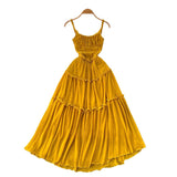 Tea Break Retro Sling Dress Women's Holiday Wind To Show Thin Folds Design Long