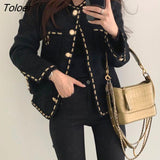 Button Woolen Jacket Woman Winter Single Breasted Pocket Elegant Tweed Cropped Coat Korean Business Office Outerfit
