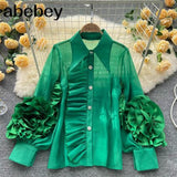 Ruffle Trim Shirt For Women Lapel Lantern Sleeve Loose Solid Button Through Blouse Female Fashion