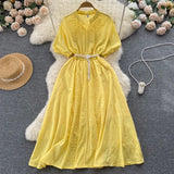 Fashion Embroidery Midi Long Dress Lapel V Neck Pearl Belt Ruff Sleeve Ladies Elastic Waist Sweet Beach Summer
