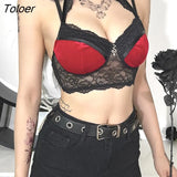 Y2K Mall Goth Crop Tops Black Lace Trim Emo Alternative Aesthetic Crop Tops Women Backless Sexy Stripe Tanks Gothic