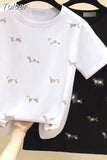 Fashion Ins Puppy Hot Rhinestone Loose T-shirt Women 2023 Summer Short Sleeve O-Neck White Cotton Tshirt Tops