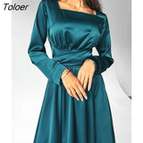 Elegant Satin Square Collar A-Line Dresses Autumn Black High Waist Midi Dress Party Long Sleeve Lace Up Dress Women