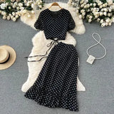 Summer Women Polka Dot Chiffon Two Piece Set Vintage V-Neck Bandage Short Tops + High Waist Mermaid Skirt 2Pcs Suits New
