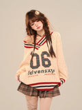 Brown V-neck Letter Print Oversize Sweater-Outfit