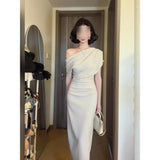 Waist Temperament Bag Folding Dress Dress Women's Summer Neckline Shoulder-To-Shoulder Temperament