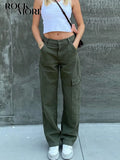 Rockmore Green Vintage Baggy Jeans Women'S Pockets Wide Leg Cargo Pants Streetwear Casual Low Waist Denim Straight Trousers