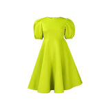Round Collar Temperament Bubble Sleeves To Close The Waist Of Elegant A-Character