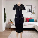 Small Fragrant Temperament V-Neck Bow Bow With Beads Button Opening Knitted