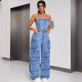 Women's Denim Cloth Jumpsuit Women's Fashion Babes Breasts Multi-Pocket Work