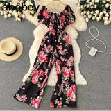 Women Off Shoulder Strap Dress Slash Neck Short Sleeve Wide Leg Jumpsuits Summer Bohemian Print Vacation Long