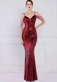 Vintage Strap Sleeveless Solid Sequined Mermaid Evening