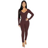 Women Solid Color Ribbed Knitting Jumpsuit Sexy Front Long Sleeve Fitness Slim Skinny Rompers