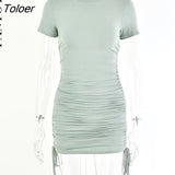 Ruched Drawstring Bodycon Dress Women Sexy Short Sleeve Club Party Dress Ladies Solid Skinny Elegant Dress Summer