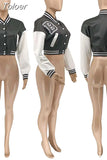 White Color Block Splice Baseball Coat Women Casual Single-breasted Full Sleeve Jacket Active Wear Running Cropped
