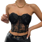 Sexy Lace Corset Cami Hollow Out Tank Top Female See Through Club Party Streetwear Sleeveless Slim Black Goth Crop