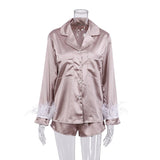Wear Women Soft Feather Home Suit Button Up Top Slim Pants Two Piece Set 2022 Casual Pajama Elegant Lady Homewear