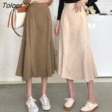 Women Solid Folds Thin Summer High Waist Mid-calf Fashion Korean Style Elegant All-match Leisure New Юбка Женская