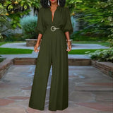 Elegant Long Jumpsuits Women 3/4 Sleeve Vintage High Waist Wide Leg Rompers Casual Pleated Party Overalls Loose Pants No