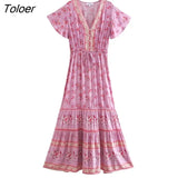 V-Neck Short Sleeve Summer Dress Floral Printed Bohemian Maxi Dresses Casual Beach Women Clothing 2023 Female
