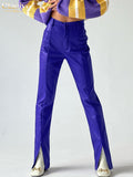 Fashion Blue Pu Leather Pants Women Elegant Slim High Waist Trousers Streetwear Full Length Slit Pants Female