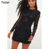Club Party Dresses Women Summer High Waist Tassel Sequin Dress Female Long Sleeve Casual Black Short Dress Vestidos