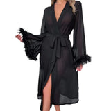 Summer New Simulation Silk Feather Long-Sleeved Pajamas Pyjamas Comfortable Tied Lady's