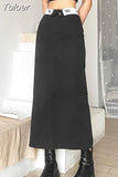 Vintage Y2k Long Black Skirt Women Fashion Streetwear 90s High Waist Printed Patchwork Back Split Straight Midi