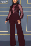 Fashion Mesh Sequin One Piece Jumpsuit Women Turtleneck Lantern Long Sleeve Romper Luxury High Waist Wide Leg Body