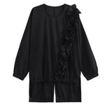 Women Blue Irregular Ruffles Big Size Casual T-shirt New Round Neck Long Sleeve Fashion Tide Spring Autumn 2023