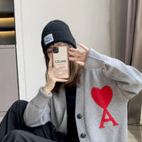 2022 Korean Style Men And Women Red Heart Love Letter A Knitted Cardigan Loose Long-Sleeved Sweater V-Neck Coat Unisex