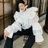 Temperament Blouse Women Chic Ruffled Collar Lace Shirts Fashion Puff Sleeve Elegant Blusas De Mujer Korean White