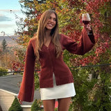 2025 Fashion Casual Red V-Neck Collar Waist Sweater Knitted