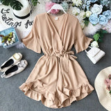 Ruffled Women Playsuits Elastic High Waist Bow Female Jumpsuit Romper Butterfly Sleeve Short Overalls for