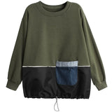 Women Army Green Pocket Big Size Casual T-shirt New Round Neck Long Sleeve Fashion Tide Spring Autumn 2023