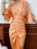 TWOTWINSTYLE Sexy Sheath Dress For Women V Neck Half Sleeve High Waist Ruched Solid Midi Dresses Female Summer Fashion