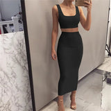 Women Unicolor Tank Top And Maxi Skirt Two Piece Set Sleeveless Summer Square Collar Co-Ord Leisure
