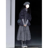 Retro Gray Flower Tart Half Skirt Girl Autumn And Winter Small Man High-Waisted A Word Umbrella Skirt Medium Long