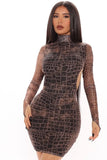 Winter Sexy Black Snake Printed high Neck Cutout Bodycon