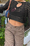 Out Cropped Knit Smock Top Women Flare Sleeve Y2K Clothes Fairy Grunge Loose Distressed Crochet Pullovers Sweater